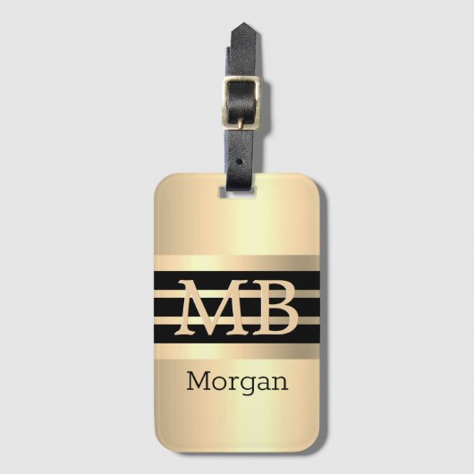 3-D Gold Monogram & Naam, BLK/Gold Stripes, Goud Bagagelabel (Voorkant (verticaal))