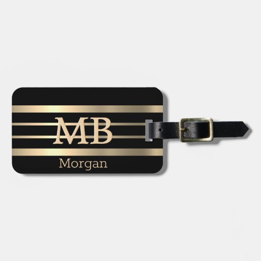 3-D Gold Monogram & naam, Gold Stripes op zwart Bagagelabel (Voorkant horizontaal)