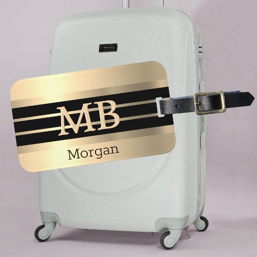 3-D Gold monogram/naam, zwarte/goudstrepen, goud Bagagelabel