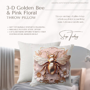 3-D Golden Bee en Roze Bloemen Sierkussen