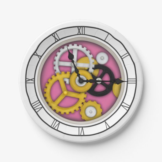 3-D illusieklok met zichtbare werkingen roze Papieren Bordje (Voorkant)