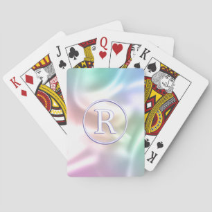 3-D White Monogram in Circle, Iridescent Pokerkaarten