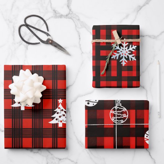 3-delige Buffalo Plaid Kerst Inpakpapier  Vel (Voorkant)