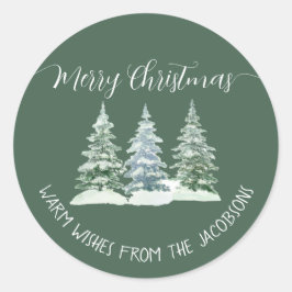 3 Dennenbomen Rustig Saliegroen Prettig Kerstfeest Ronde Sticker