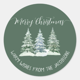 3 Dennenbomen Rustig Saliegroen Prettig Kerstfeest Ronde Sticker