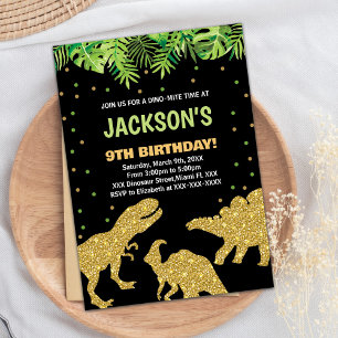 3 Dino Black Glitter Dinosaurus Verjaardag Uitnodi Kaart