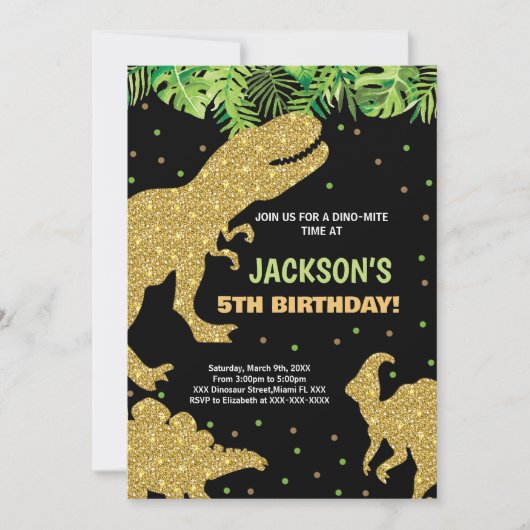 3 Dino Groene Glitter Dinosaurus Verjaardag Uitnod Kaart (Voorkant)