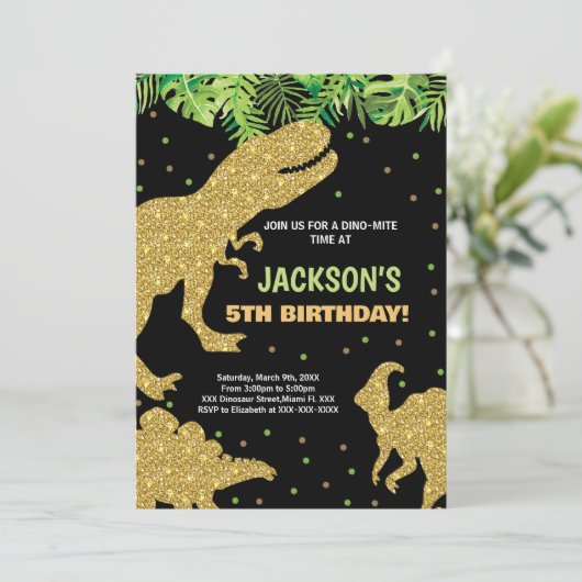 3 Dino Groene Glitter Dinosaurus Verjaardag Uitnod Kaart (Staand voorkant)