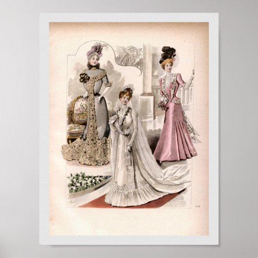 3 Edwardiaanse Dames die  Mode van gowns voeren Poster (Voorkant)
