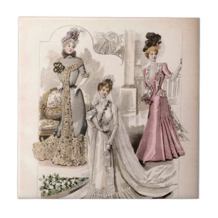 3 Edwardiaanse Dames die  Mode van gowns voeren Tegeltje