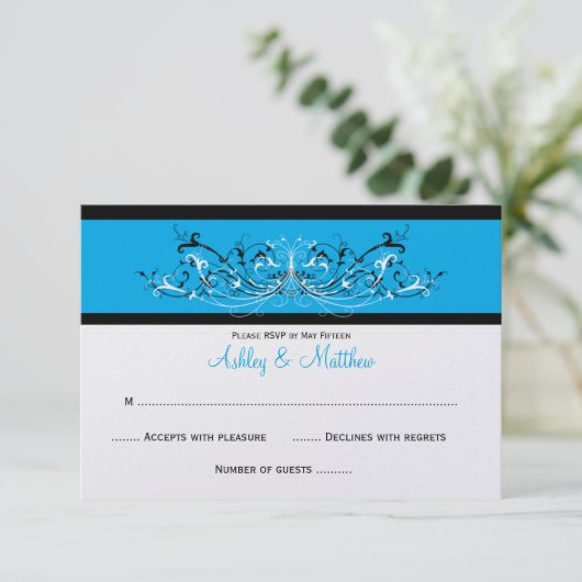 #3 Elegant Blue White Scroll RSVP (Staand voorkant)