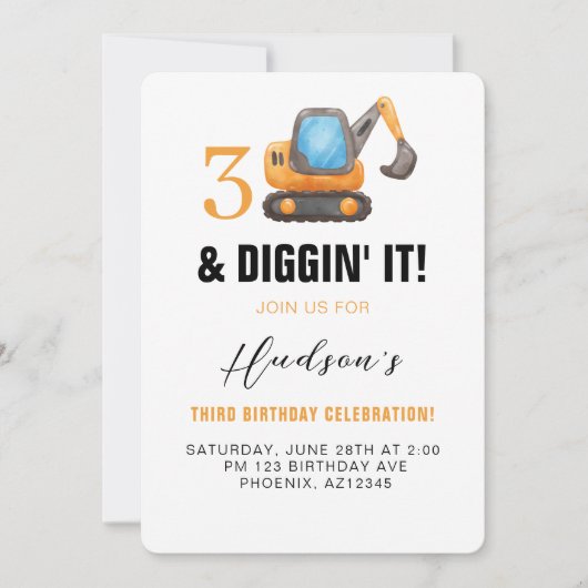 3 en Diggin’ It | Bouwthema 3e verjaardag Kaart (Voorkant)