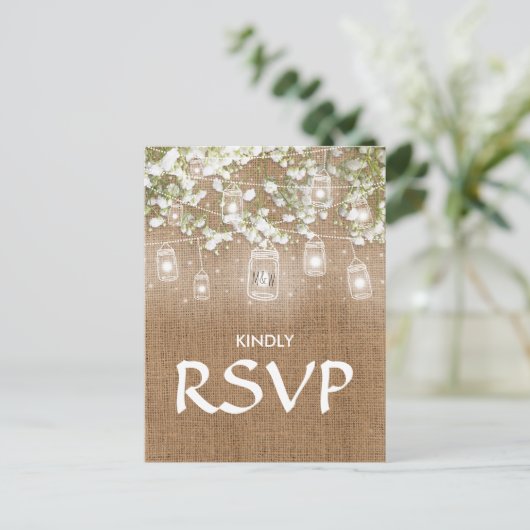 3 Entree Choice RSVP Baby's Breath Rustieke Burlap Uitnodiging Briefkaart (Staand voorkant)