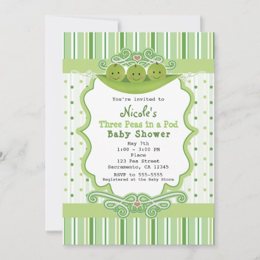 3 Erwten in een Pod Triplets Baby Douche Uitnodigi Kaart (Voorkant)