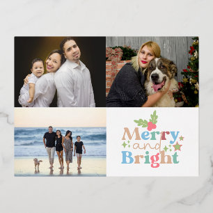 3 Familiefoto Collage Vrolijk en Helder Kerstmis Folie Feestdagen Briefkaart