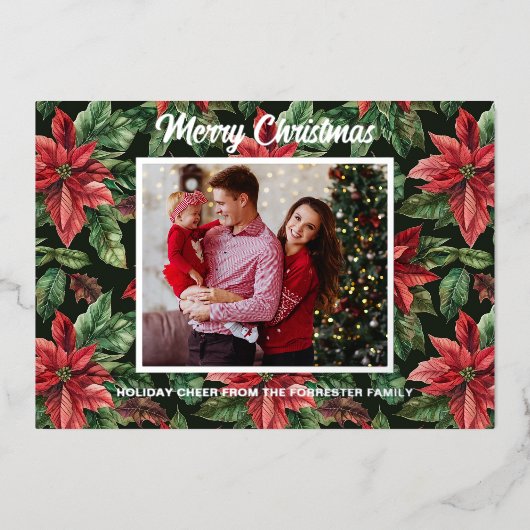 3 Familiefoto in waterverf Poinsettia Folie Feestdagenkaart (Voorkant)