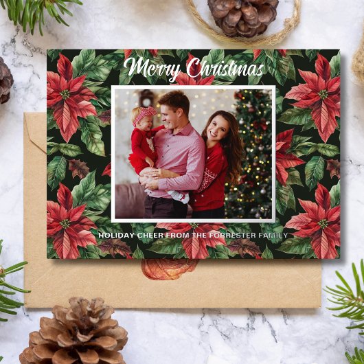 3 Familiefoto in waterverf Poinsettia Folie Feestdagenkaart