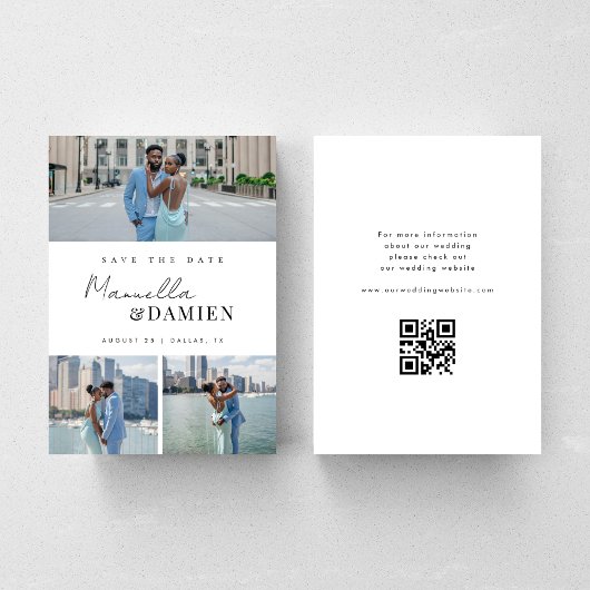 3 favoriete foto's | Moderne script QR-code bruilo Save The Date