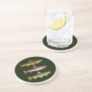 3 forel voor een visser of visserijvrouw zandsteen onderzetter