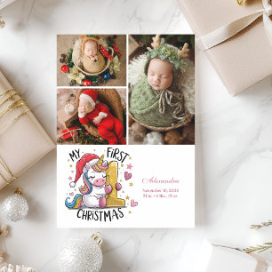 3 Foto 1e Baby Kerst Roze Gouden Eenhoorn Feestdagenkaart