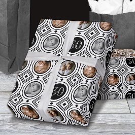 3 Foto 30e Verjaardag Zwart Wit Art Deco Cadeaupapier