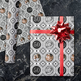 3 Foto 50e verjaardag Zwart Wit Art Deco Cadeaupapier