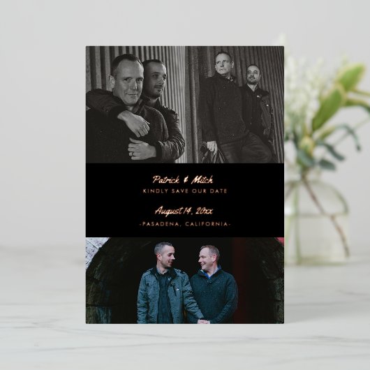 3 Foto Aangepaste kleur zwart Opslaan Datum Folie Uitnodiging (Staand Voorkant)