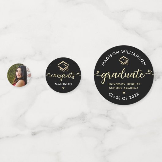 3 Foto Afstuderen Black Gold Modern Script Pet Confetti (Voorkanten)