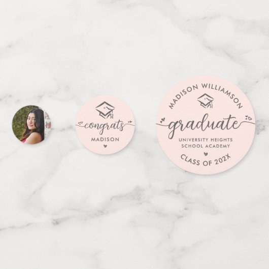 3 Foto Afstuderen Blush Pink Modern Script Pet Confetti (Voorkanten)