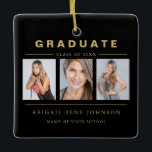 3 Foto Afstuderen Collage Afstuderen Black Gold Keramisch Ornament<br><div class="desc">Drie Foto Afstuderen Collage Black en Gold Personalized Ornament.</div>