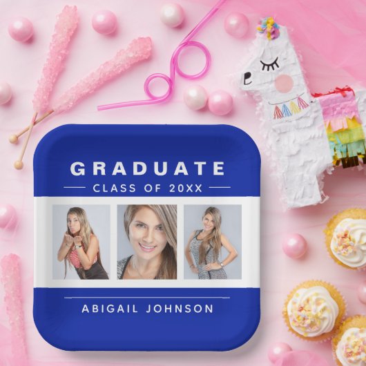 3 Foto Afstuderen Collage Afstuderen Blue en White Papieren Bordje (Feest)