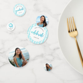 3 Foto Afstuderen Turquoise Blue Glitter Script Confetti