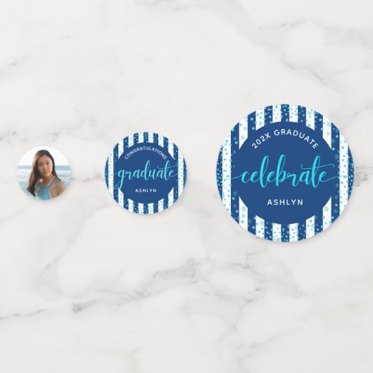 3 Foto Afstuderen Turquoise Glitter Script Navy Confetti (Voorkanten)