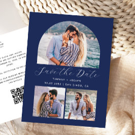 3 Foto Arch QR Code Navy Blauw Save the Date Briefkaart