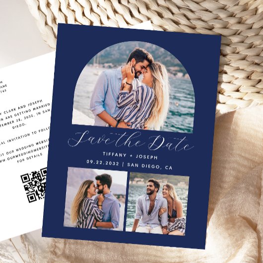 3 Foto Arch QR Code Navy Blauw Save the Date Briefkaart