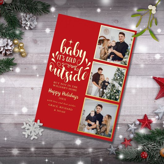 3 Foto Baby It's Cold Outside Kerst Goud Folie Feestdagenkaart