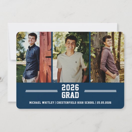 3 foto Blauwe Jongen Afstudeer Aangepaste Tekst Af Aankondiging (Voorkant)