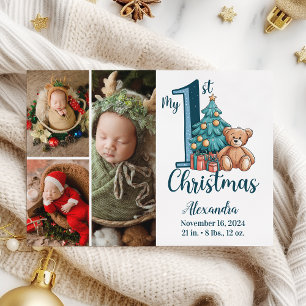 3 Foto Blauwe Teddy Baby 1e Kerstmis Feestdagenkaart