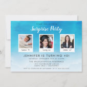 3 Foto Blauwe Waterverf Stijlvolle Verrassingsfees Kaart (Voorkant)