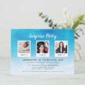 3 Foto Blauwe Waterverf Stijlvolle Verrassingsfees Kaart (Staand voorkant)