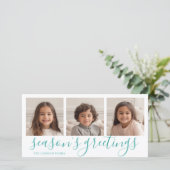 3 Foto - Blauwgroen kalligrafie spelden begroeting Feestdagenkaart (Staand voorkant)