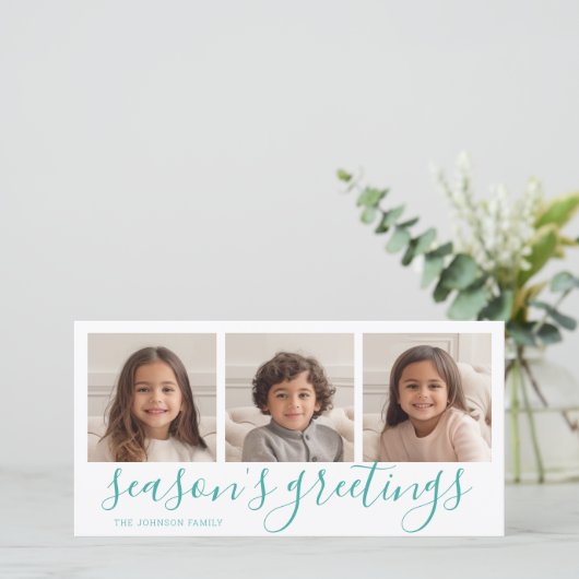 3 Foto - Blauwgroen kalligrafie spelden begroeting Feestdagenkaart (Staand voorkant)