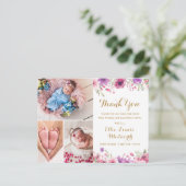 3 Foto Bloemendrukwerk Bedankt Baby Geboorte Aankondigingskaart (Staand voorkant)