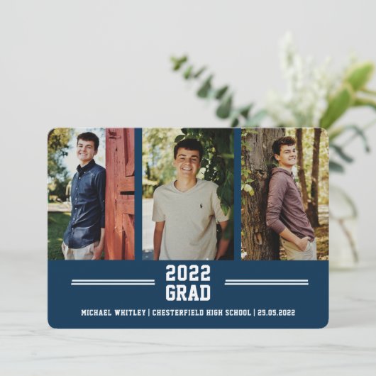 3 foto Blue Boy Afstudeerder Aangepaste tekst Afst Aankondiging (Staand voorkant)