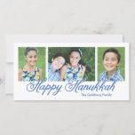 3-Foto Blue Script Happy Hanukkah-fotokaart Feestdagenkaart<br><div class="desc">Deze stijlvolle en moderne multi-foto Hanukkah kaart kenmerkt  modern manuscript in blauw.</div>