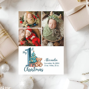 3 Foto Blue Teddy Baby 1st Christmas Feestdagenkaart
