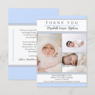 3 Foto Blue White Baby shower  Birth Announcemen Bedankkaart