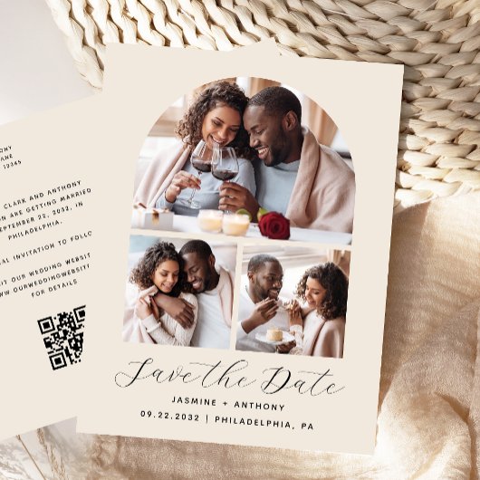 3-Foto Boog Collage QR Code Beige Save the Date Briefkaart