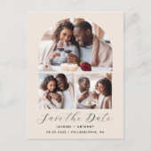 3-Foto Boog Collage QR Code Beige Save the Date Briefkaart (Voorkant)