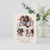 3-Foto Boog Collage QR Code Beige Save the Date Briefkaart (Staand voorkant)